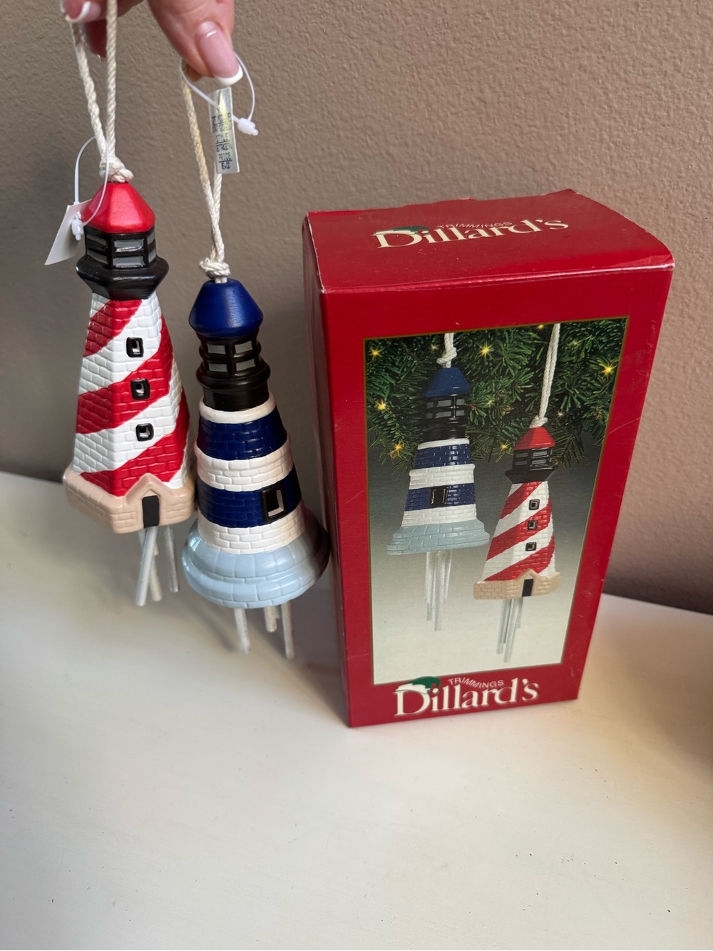 Dillards Nautical Lighthouse chimes Holiday Ornament Set - Red & Blue